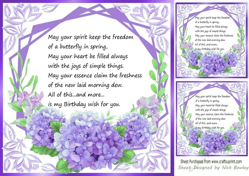  lilac flowers ornate card front/insert 8x8 with birthday verse
