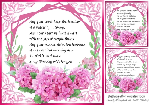  pink flowers ornate card front/insert 8x8 with birthday verse