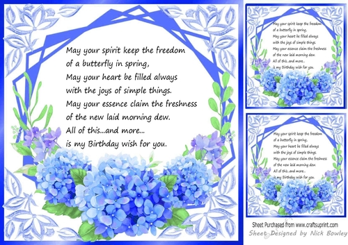  bright blue flowers ornate card front/insert 8x8 with birthday verse