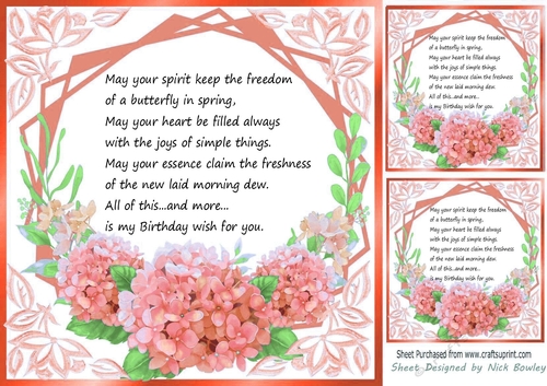  peach flowers ornate card front/insert 8x8 with birthday verse