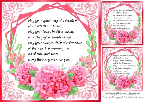  red flowers ornate card front/insert 8x8 with birthday verse
