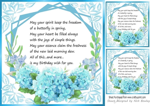  Turq flowers ornate card front/insert 8x8, with birthday verse