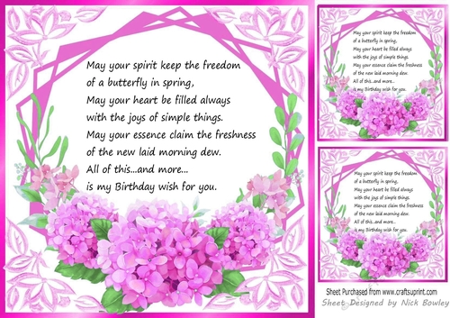  cerise flowers ornate card front/insert 8x8 with birthday verse