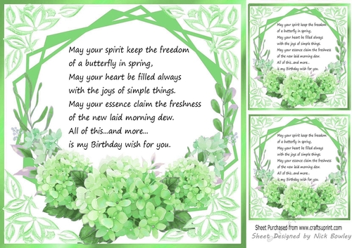  green flowers ornate card front/insert 8x8 with birthday verse