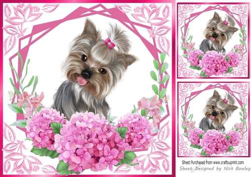 pink flowers ornate card front/insert 8x8 with a puppy