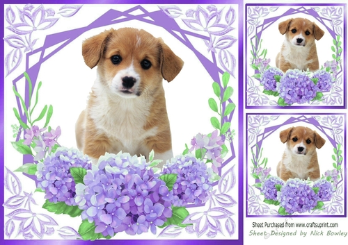 lilac flowers ornate card front/insert 8x8 with a puppy