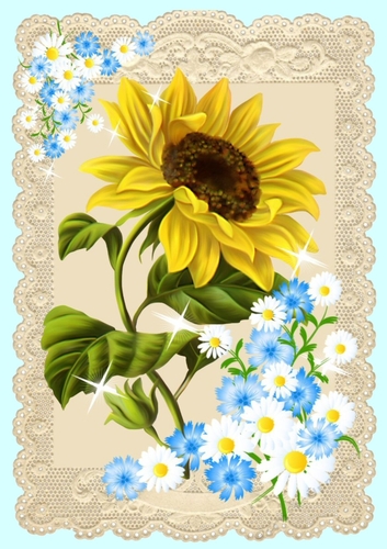 Pretty A4 Vintage (Big) Ecru lace Topper with a Sunflower (one)