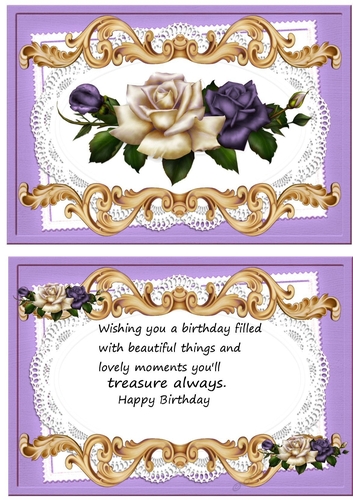 Pretty purple/cream roses on lace A5 Ornate card/verse