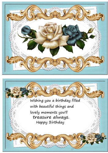 Pretty blue/cream roses on lace A5 Ornate card/verse