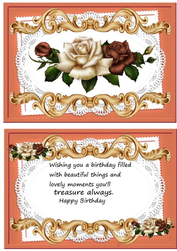 Pretty peach/cream roses on lace A5 Ornate card/verse