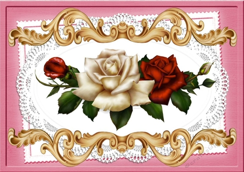 Pretty red/cream roses on lace A4 Ornate Card Big