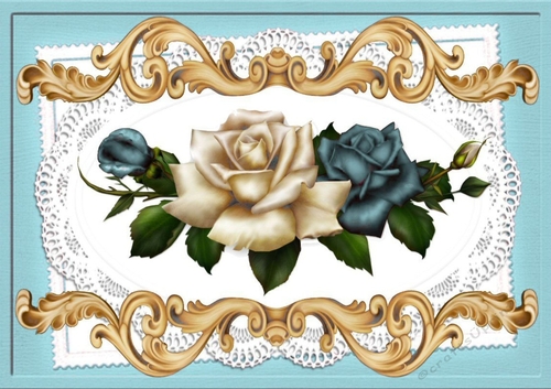 Pretty blue/cream roses on lace A4 Ornate Card Big