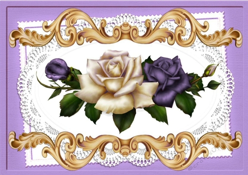 Pretty purple/cream roses on lace A4 Ornate Card Big