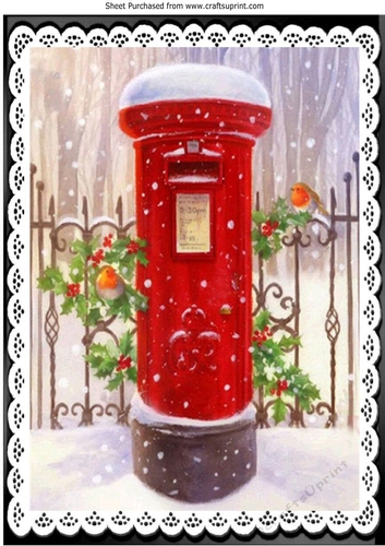  Red Pillar  Box with Robins in the Snow A4 Black lace frame