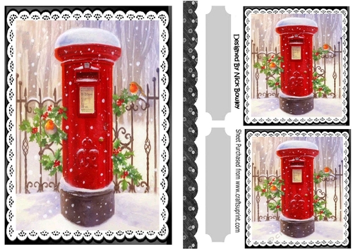 Red Pillar  Box with Robins in the Snow A5 Black lace frame