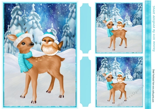 Pretty christmas snow scene with deer and robin A5