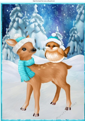 Pretty christmas snow scene with deer and robin A4