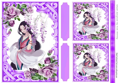Ornate Lilac/pink roses card front with chinese lady A5 