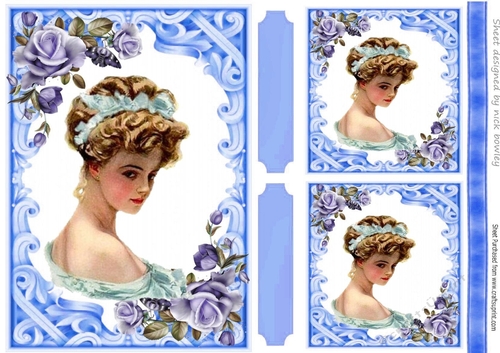 Ornate Blue Roses Card Front With Vintage Lady A5