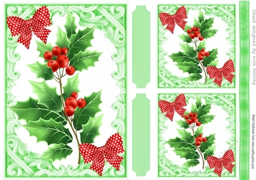 Ornate frame with pretty holly and berries, with red bows A5