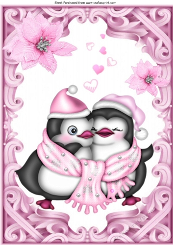 Ornate Pink Card Front With cute hugging penguins A4