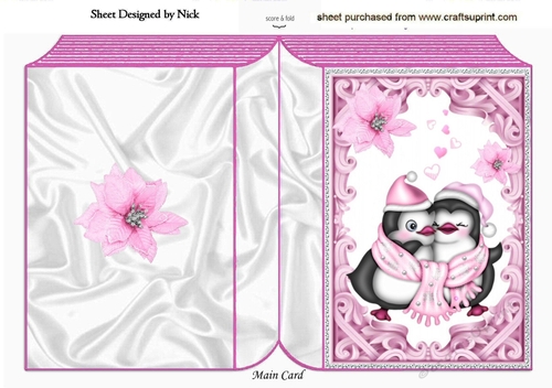 Ornate Pink Card Front With cute hugging penguins folded book