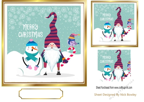 Lovely folklore Christmas snowman, gnome and robin 7x7