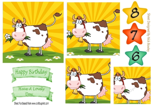 Lovely cow with sun and daisies, pyramids