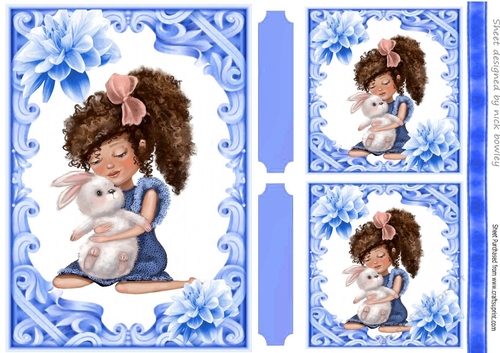 Ornate Blue card front A5  With girl and bunny