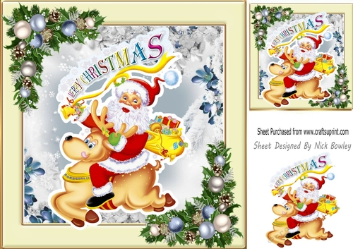 Santa with reindeer in festive 8x8 frame