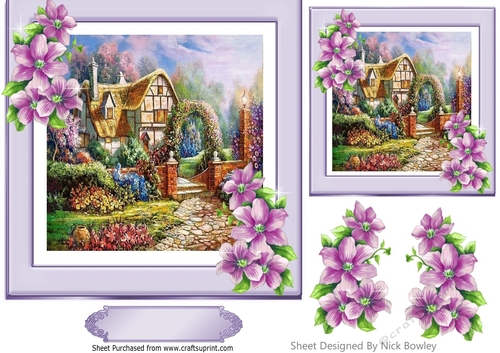 Pretty Country Cottage with lilac flowers 7x7 card front