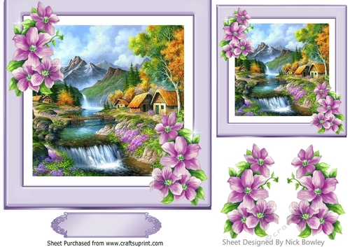 Pretty Country Cottage with waterfall and lilac flowers 7x7 card front