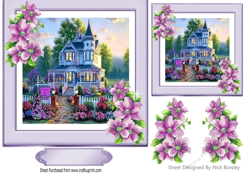 Pretty garden with mansion with lilac flowers 7x7 card front