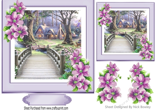Pretty Country Cottage and bridge with lilac flowers 7x7 card front