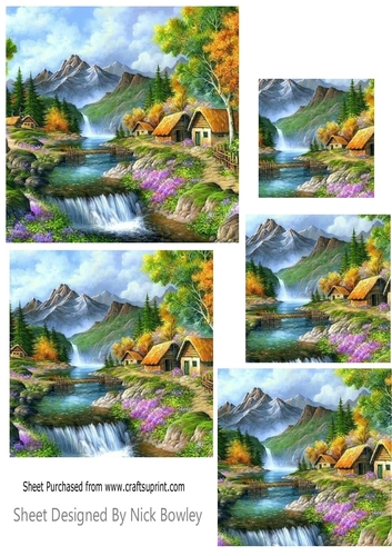 Pretty Cottage with waterfall and flowers pyramids
