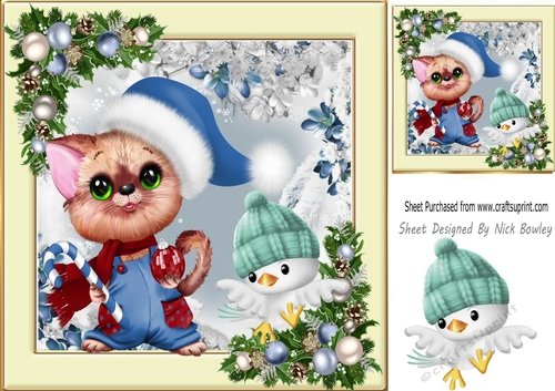 Cute Kitty and little bird in christmas 8x8 card front
