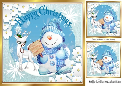 Lovely Snowman & Deer in snow scene 8x8