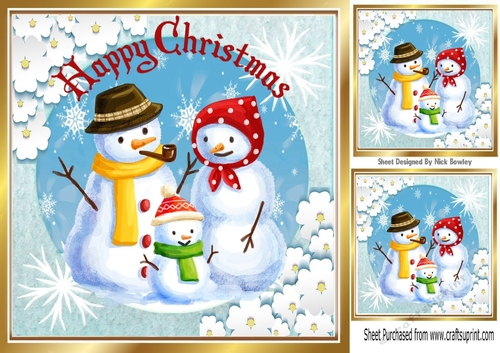 Lovely Snowman family in snow scene 8x8
