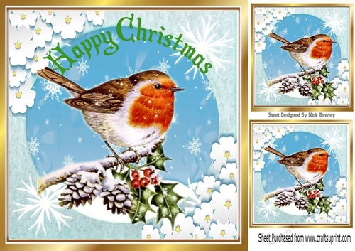 Lovely Robin with holly in snow scene 8x8