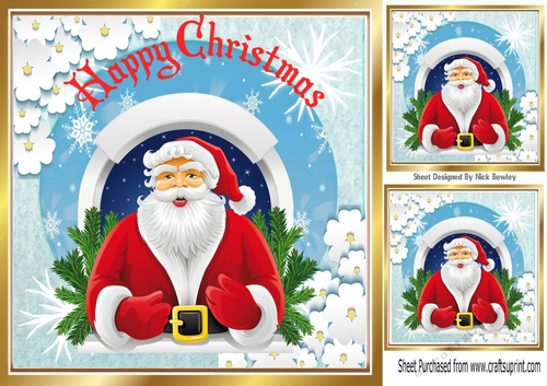 Lovely Jolly Santa with holly in snow scene 8x8