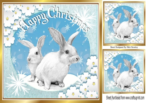 Lovely snow bunnies in snow scene 8x8