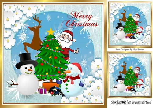 Lovely Jolly Santa with friends & tree in snow scene 8x8