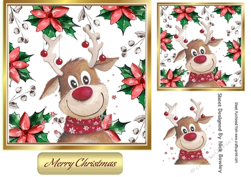 Cheeky Reindeer in poinsettia card frame 7x7