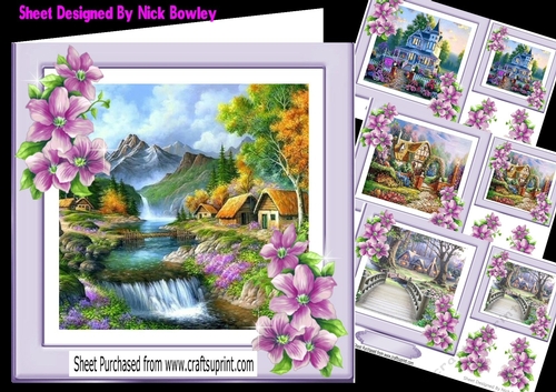  4 Pretty Country Cottages with lilac flowers 7x7 card front Mini Kit