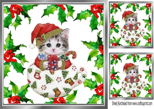 Lovely Holly and red berry card front with  a kitty