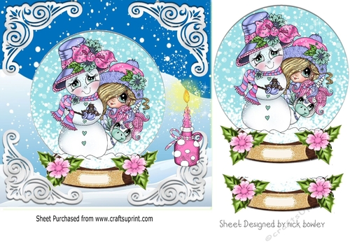 Lovely Snowman with girl snow globe with snow scene 7x7