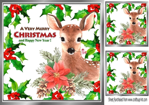 Lovely Holly and red berry card front with  a deer