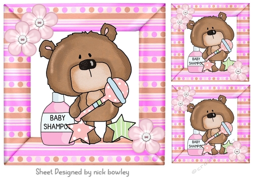 Pretty stripe 8x8 card front with baby bear with shampoo