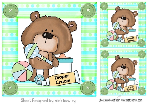 Pretty candy stripe 8x8 card front with baby bear & rattle