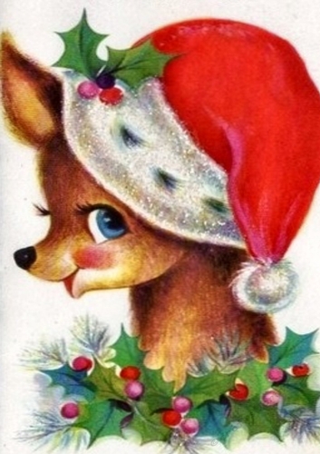 Lovely Christmas Reindeer in santa hat  A4